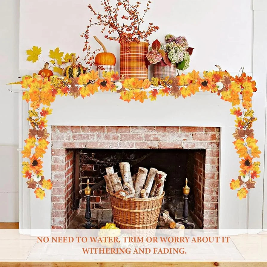 HASTHIP® Autumn Maples Leaf Pumpkin Garland with Berries, 2M/6.5FT Artificial Autumn Foliage Hanging Vine for Home, Thanksgiving, Halloween, Wedding, Fireplace, Party, Christmas Decor